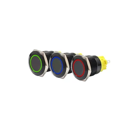 19mm Black Latching Push Button Switch - RGB LED (Green/Red/Blue)