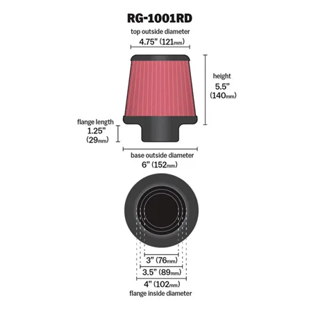 K&N Universal Air Filter Chrome Round Tapered Red - 4in Flange ID x 1.125in Flange Length x 5.5in H