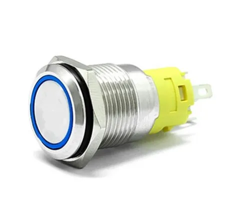 16mm Chrome Latching Push Button Switch - Blue LED