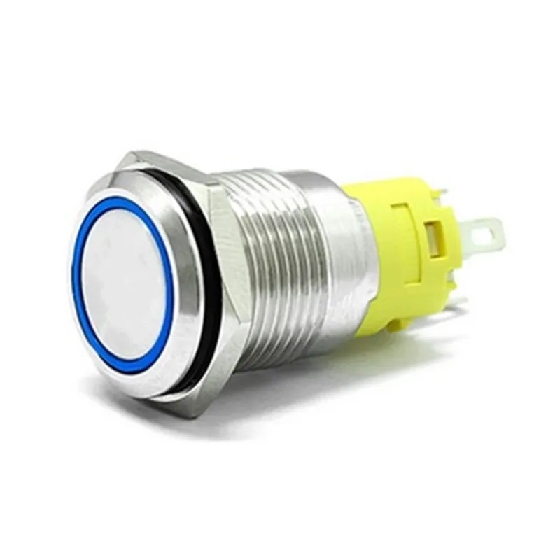 19mm Chrome Latching Push Button Switch - Blue LED