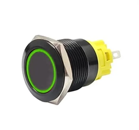 16mm Black Latching Black Push Button Switch - Green LED