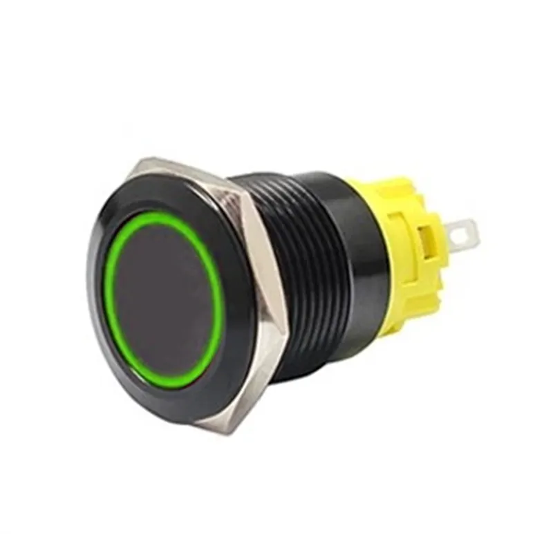 16mm Black Latching Black Push Button Switch - Green LED